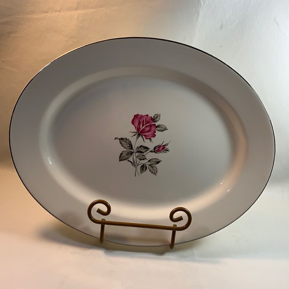 Rose And Bud Leaves Silver Trimmed Large Oval Serving Decorating Platter EUC